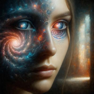The primary subject of the image is a woman with a unique and artistic appearance. She has a face painted with a spiral pattern, and her eyes are painted with a blue and red color scheme. The setting is a room with a door, and the visual style is a painting or drawing. The colors and mood of the image are vibrant and creative, with the spiral pattern and the bold colors of the eyes adding a sense of artistic expression to the woman's appearance.